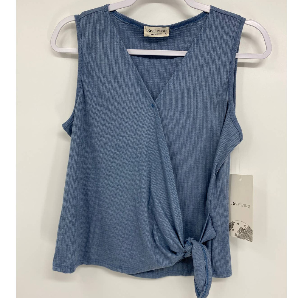 Love Wins Knot Blue Textured Sleeveless Blouse Top NEW XL Juniors Wrap Vneck